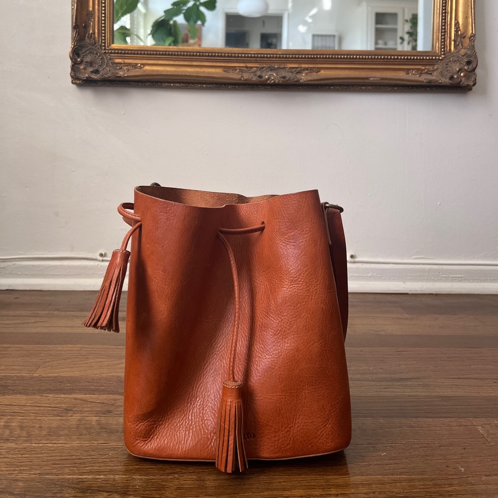 Brown Orange Leather Bucket Bag